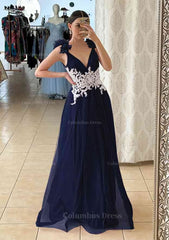 Prom Dresses Laced, A-line V Neck Sleeveless Long/Floor-Length Tulle Prom Dress With Appliqued Beading Flowers