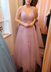 Prom Dress 00, A-line V Neck Sleeveless Long/Floor-Length Tulle Prom Dress With Appliqued Lace