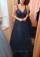 Prom Dress Under 50, A-line V Neck Sleeveless Long/Floor-Length Tulle Prom Dress With Appliqued Lace