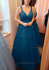 Prom Dresses 2022 Ball Gown, A-line V Neck Sleeveless Long/Floor-Length Tulle Prom Dress With Appliqued Lace