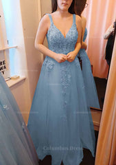 Prom Dress Black, A-line V Neck Sleeveless Long/Floor-Length Tulle Prom Dress With Appliqued Lace