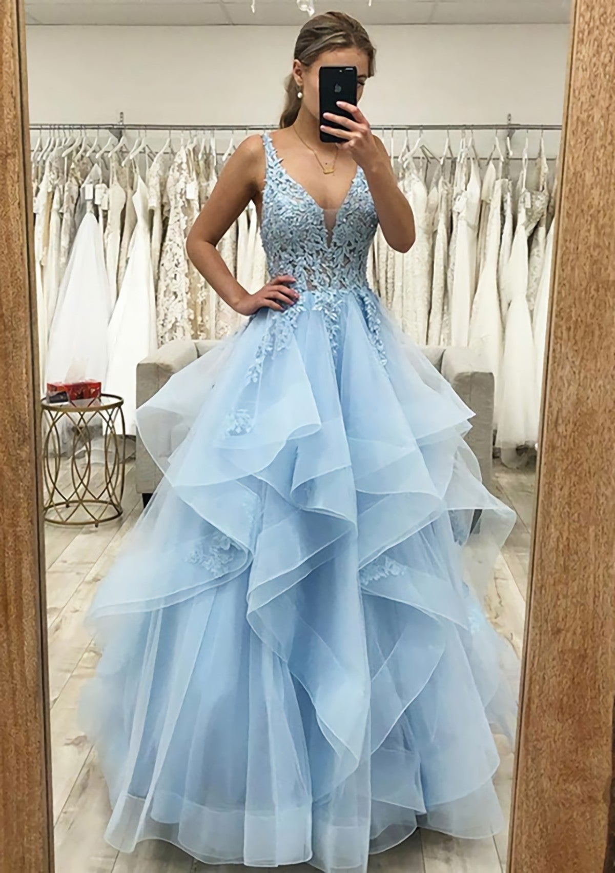Plu Size Prom Dress, A-line V Neck Sleeveless Long/Floor-Length Tulle Satin Prom Dress With Lace Appliqued