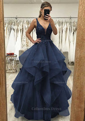 Sparklie Prom Dress, A-line V Neck Sleeveless Long/Floor-Length Tulle Satin Prom Dress With Lace Appliqued