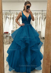 Long Prom Dress, A-line V Neck Sleeveless Long/Floor-Length Tulle Satin Prom Dress With Lace Appliqued