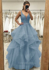 Girl Dress, A-line V Neck Sleeveless Long/Floor-Length Tulle Satin Prom Dress With Lace Appliqued