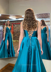 Bridesmaids Dresses Styles, A-line V Neck Sleeveless Satin Long/Floor-Length Prom Dress With Pockets Split
