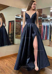 Bridesmaids Dress Style, A-line V Neck Sleeveless Satin Long/Floor-Length Prom Dress With Pockets Split