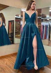 Bridesmaids Dress Styles, A-line V Neck Sleeveless Satin Long/Floor-Length Prom Dress With Pockets Split
