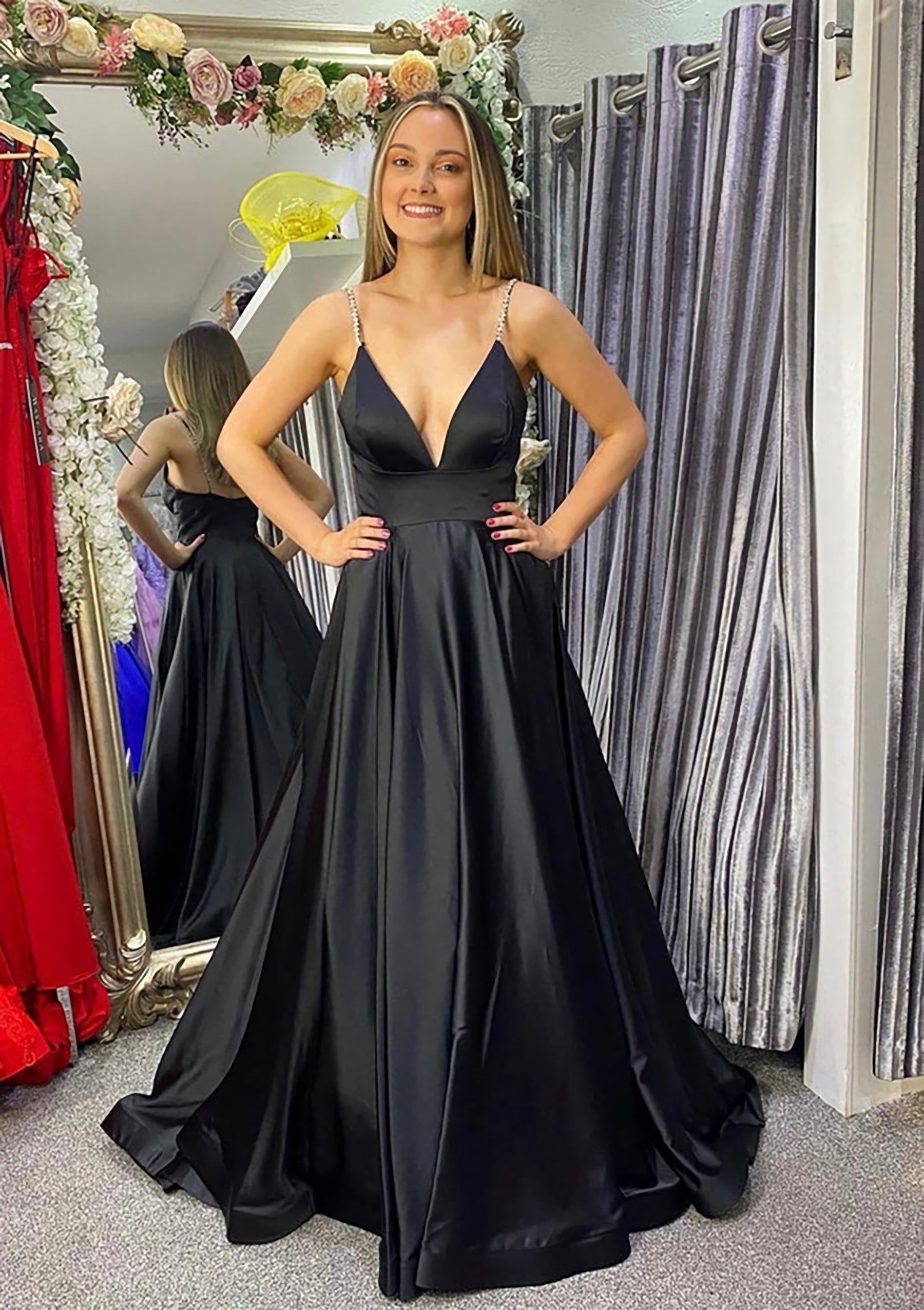 Champagne Prom Dress, A-line V Neck Sleeveless Satin Sweep Train Prom Dress With Beading