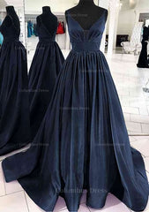 Homecoming Dress Inspo, A-line V Neck Sleeveless Satin Sweep Train Prom Dress With Pleated