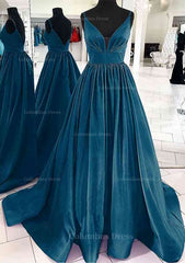 Homecoming Dresses For Girl, A-line V Neck Sleeveless Satin Sweep Train Prom Dress With Pleated