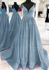 Homecoming Dresses For Girls, A-line V Neck Sleeveless Satin Sweep Train Prom Dress With Pleated