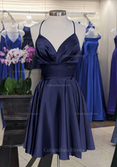 Prom Dress2052, A-line V Neck Sleeveless Short/Mini Charmeuse Homecoming Dress with Pleated