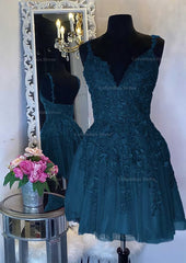 Prom Dress Chiffon, A-line V Neck Sleeveless Short/Mini Tulle Homecoming Dress with Appliqued Beading