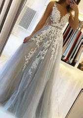 Semi Formal Outfit, A-line V Neck Sleeveless Sweep Train Tulle Prom Dress With Beading Lace