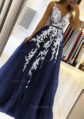 Formal, A-line V Neck Sleeveless Sweep Train Tulle Prom Dress With Beading Lace