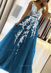 Short Formal Dress, A-line V Neck Sleeveless Sweep Train Tulle Prom Dress With Beading Lace