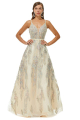Prom Look, A-line V-neck Spaghetti strap Lace Floor-length Sleeveless Beading Prom Dresses