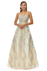 Semi Formal Outfit, A-line V-neck Spaghetti strap Lace Floor-length Sleeveless Beading Prom Dresses