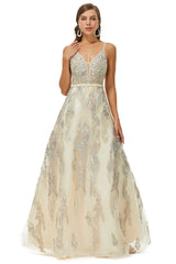 Boho Dress, A-line V-neck Spaghetti strap Lace Floor-length Sleeveless Beading Prom Dresses