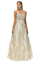 Formal, A-line V-neck Spaghetti strap Lace Floor-length Sleeveless Beading Prom Dresses