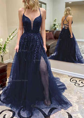 Party Dresses And Jumpsuits, A-line V Neck Spaghetti Straps Chapel Train Tulle Prom Dress With Split Appliqued