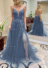 Elegant Dress Classy, A-line V Neck Spaghetti Straps Chapel Train Tulle Prom Dress With Split Appliqued
