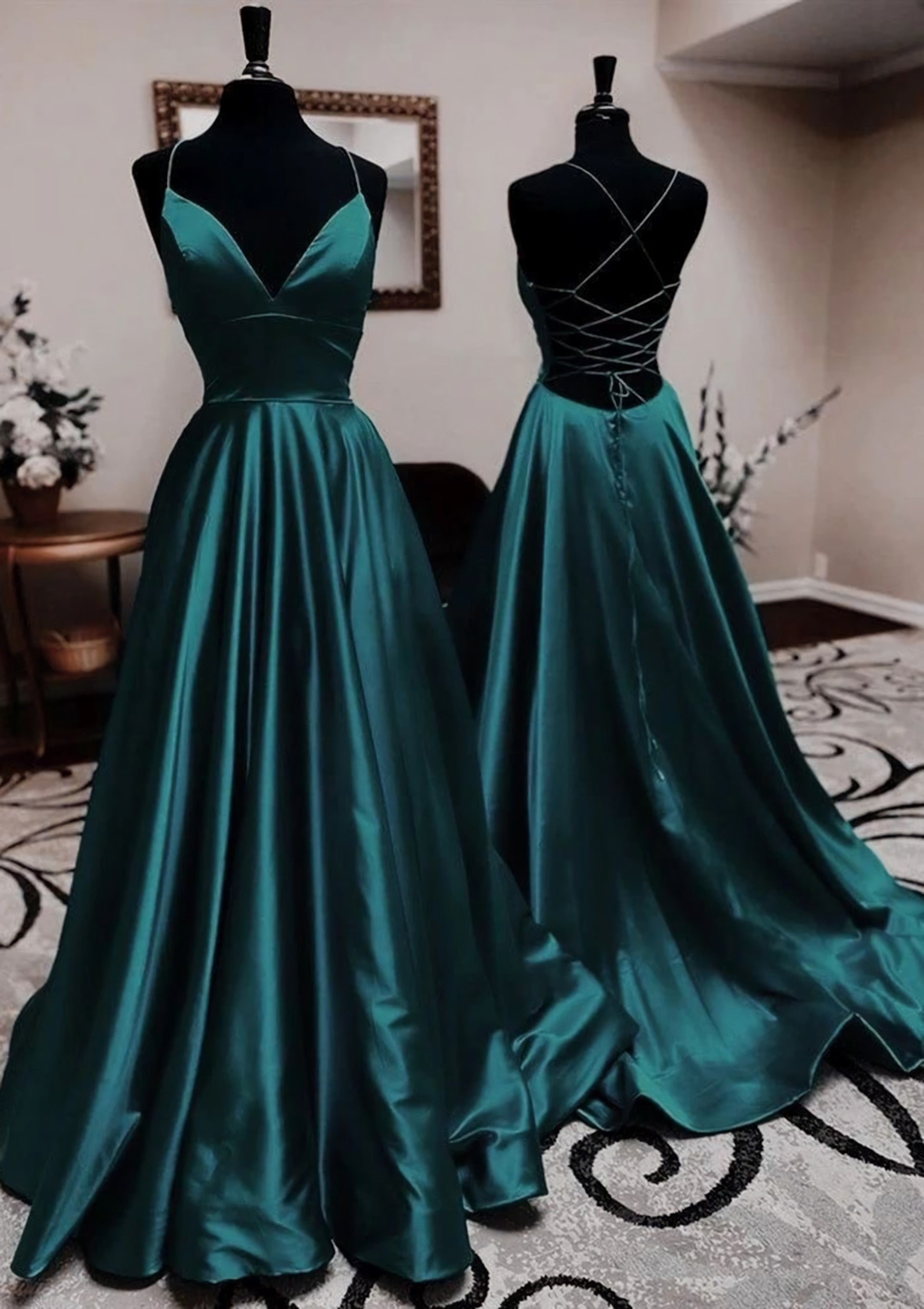 Prom Dress Stores Near Me, A-line V Neck Spaghetti Straps Long/Floor-Length Charmeuse Prom Dress With Pleated