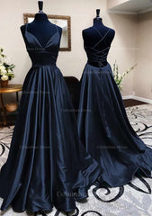 Prom Dresses Brands, A-line V Neck Spaghetti Straps Long/Floor-Length Charmeuse Prom Dress With Pleated