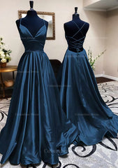 Prom Dress Brands, A-line V Neck Spaghetti Straps Long/Floor-Length Charmeuse Prom Dress With Pleated