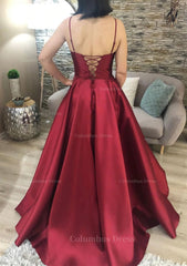 Bridesmaid Dresses Vintage, A-line V Neck Spaghetti Straps Long/Floor-Length Charmeuse Prom Dress With Pockets