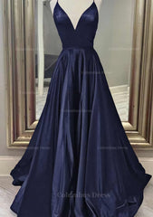 Bridesmaids Dresses Summer Wedding, A-line V Neck Spaghetti Straps Long/Floor-Length Charmeuse Prom Dress With Pockets