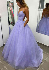Prom Dress Vintage, A-line V Neck Spaghetti Straps Long/Floor-Length Glitter Prom Dress With Pockets