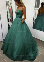Prom Dresses Prom Dress, A-line V Neck Spaghetti Straps Long/Floor-Length Glitter Prom Dress With Pockets