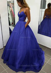 Prom Dress Prom Dresses, A-line V Neck Spaghetti Straps Long/Floor-Length Glitter Prom Dress With Pockets