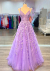 Prom Dresses For Blondes, A-line V Neck Spaghetti Straps Long/Floor-Length Lace Prom Dress With Beading