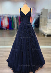 Prom Dresses Boho, A-line V Neck Spaghetti Straps Long/Floor-Length Lace Prom Dress With Beading