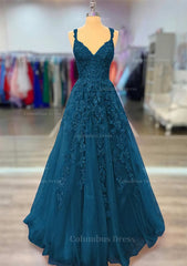Prom Dresses For Black, A-line V Neck Spaghetti Straps Long/Floor-Length Lace Prom Dress With Beading