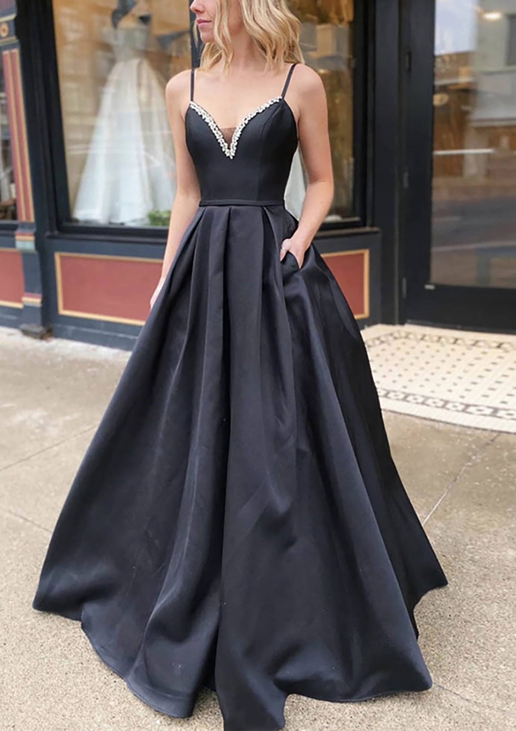 Evening Dresses 2053, A-line V Neck Spaghetti Straps Long/Floor-Length Satin Prom Dress With Beading Pockets