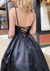 Evening Dress 2053, A-line V Neck Spaghetti Straps Long/Floor-Length Satin Prom Dress With Beading Pockets