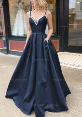 Evening Dresses Australia, A-line V Neck Spaghetti Straps Long/Floor-Length Satin Prom Dress With Beading Pockets
