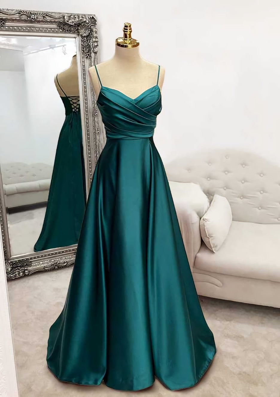Dress Casual, A-line V Neck Spaghetti Straps Long/Floor-Length Satin Prom Dress With Pleated