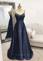 Dressy Outfit, A-line V Neck Spaghetti Straps Long/Floor-Length Satin Prom Dress With Pleated