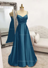 Modest Dress, A-line V Neck Spaghetti Straps Long/Floor-Length Satin Prom Dress With Pleated
