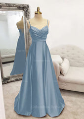 Club Outfit For Women, A-line V Neck Spaghetti Straps Long/Floor-Length Satin Prom Dress With Pleated