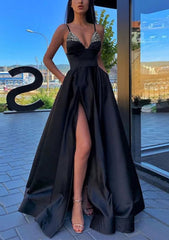 Homecoming Dresses Online, A-line V Neck Spaghetti Straps Long/Floor-Length Satin Prom Dress With Split Pockets Beading