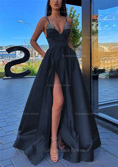 Homecoming Dresses Unique, A-line V Neck Spaghetti Straps Long/Floor-Length Satin Prom Dress With Split Pockets Beading