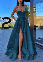 Homecoming Dress 2052, A-line V Neck Spaghetti Straps Long/Floor-Length Satin Prom Dress With Split Pockets Beading