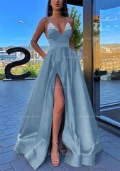 Homecoming Dress Websites, A-line V Neck Spaghetti Straps Long/Floor-Length Satin Prom Dress With Split Pockets Beading