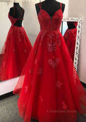 Prom Dress Spring, A-line V Neck Spaghetti Straps Long/Floor-Length Tulle Prom Dress With Appliqued Beading
